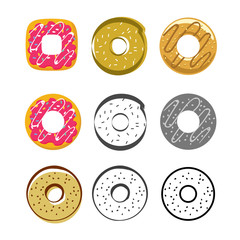 Obraz premium Donuts vector icons set isolated on white background, flat glazed donut, cartoon pink cream donuts, drawing donut, collection of sweet icing donuts