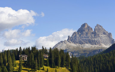 The Tre Cime di Lavaredo (Three Peaks) seen from Misurina lake, the Dolomites Mountains, Italy, Europe, sept. 2015