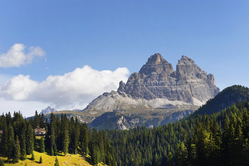 The Tre Cime di Lavaredo (Three Peaks) seen from Misurina lake, the Dolomites Mountains, Italy, Europe, sept. 2015