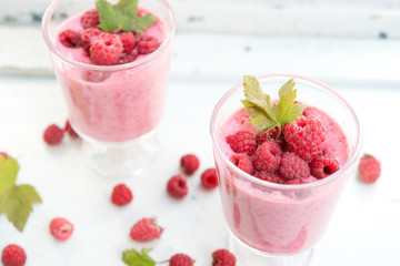 Natural fresh yogurt with fresh raspberry

