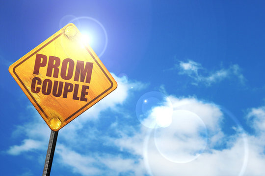 prom couple, 3D rendering, glowing yellow traffic sign