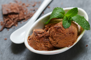 Summer dessert - chocolate ice cream with mint leaves