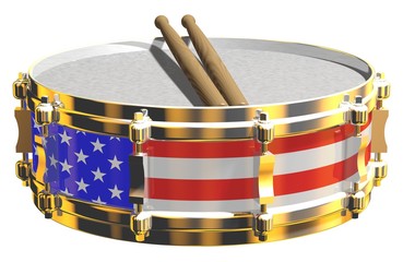 Gleaming 3D rendered snare drum with US flag design, isolated on a white background