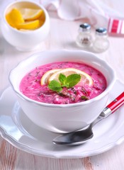 Cold summer soup made from boiled beets, eggs, cucumber, green onions and sour cream. Russian tradition.