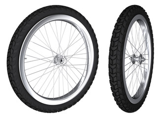 Bicycle wheel with spokes and off-road tire. 3d illustration. Isolated on white.