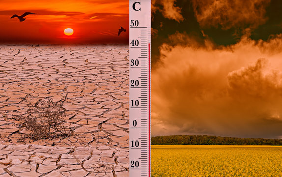 Composite conceptual image symbolizing negative consequences of global warming leading to destroying the natural ecosystems
