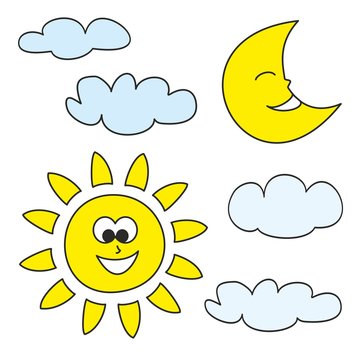 Sun, moon and clouds - weather cartoon icons vector illustrations isolated on white background for kids coloring book
