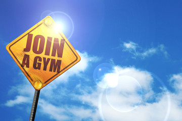 join a gym, 3D rendering, glowing yellow traffic sign