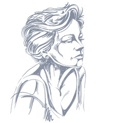 Hand-drawn portrait of white-skin sad woman, face emotions theme