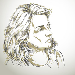 Vector drawing of peaceful woman with stylish haircut. Black and