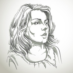 Monochrome vector hand-drawn image, amazed young woman. Black an