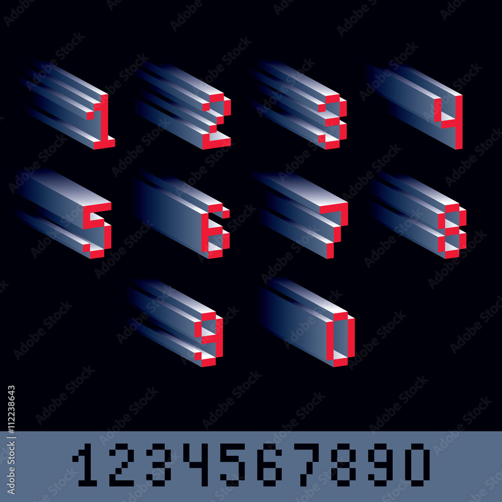 Poster vector modern tech whole numbers set. geometric pixilated digits
