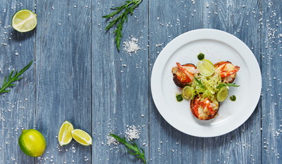 Healthy restaurant food. Ratatoille with shrimp