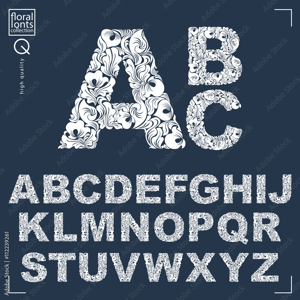 Fototapete set of vector ornate capitals, flower-patterned typescript. blac