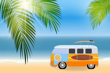 Cartoon van with surfboards standing in the road by the sea. Vec