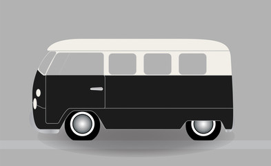 Cartoon cheerful minibus, which travels on the road. Vector Illu