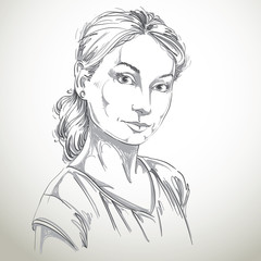 Hand-drawn art portrait of white-skin romantic woman, face emoti