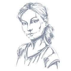 Hand-drawn art portrait of white-skin romantic woman, face emoti