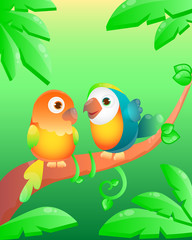 Couple of cute parrot on a jungle background. Vector illustration