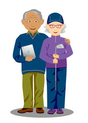 Active, elderly interracial couple holding tablet computer and golf club