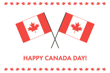 Happy Canada Day card with crossed canadian flags and red maple leaves.
