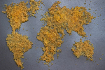 World map made from gold sand. Gold World of map on matte paper. Gold design world map.