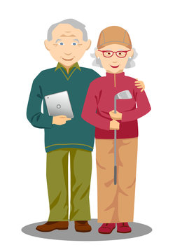 Active elderly couple holding tablet computer and golf club