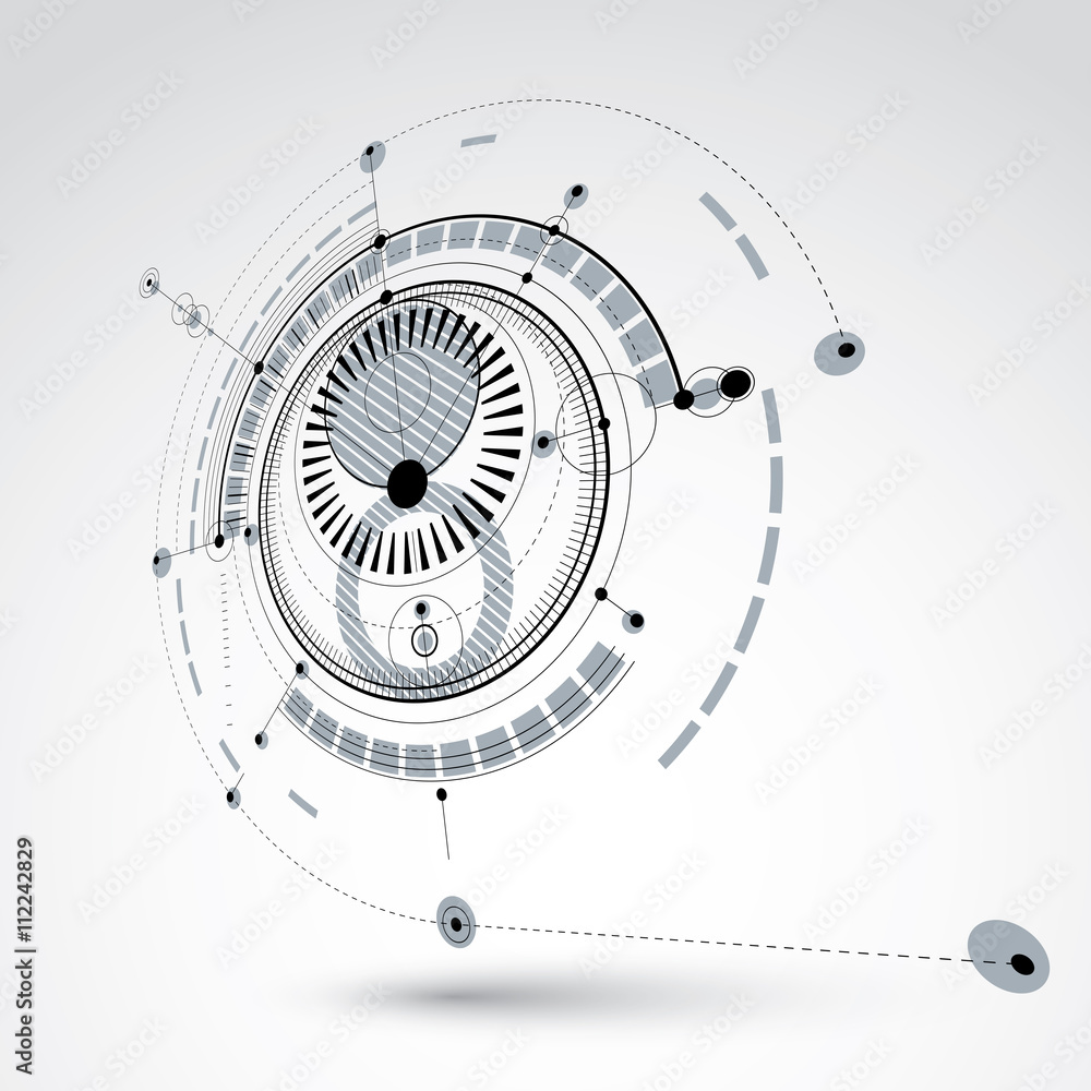 Poster three-dimensional mechanical scheme, monochrome vector engineeri