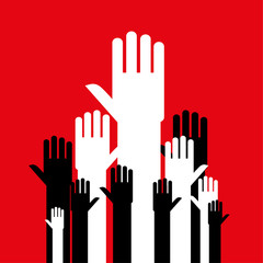 Fototapeta premium Stylized open hands in black and white reaching up together as a group or crowd against a red background