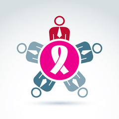 Breast cancer ribbon placed on a purple circle. Association for