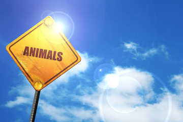 animals, 3D rendering, glowing yellow traffic sign