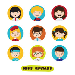 Vector cute cartoon kids avatars set. Children faces collection.