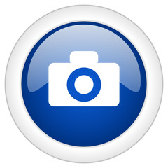 camera icon, circle blue glossy internet button, web and mobile app illustration