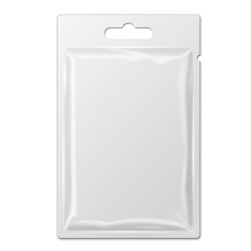 White Product Package Box Blister With Hang Slot. Illustration Isolated On White Background. Mock Up Template Ready For Your Design. Product Packing Vector EPS10