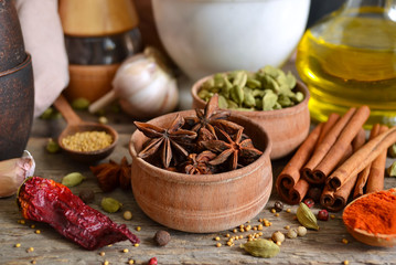 variety, spicy spices on a wooden background