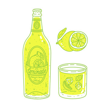 Doodle cartoon lemon lemonade glass and bottle set. Hand drawn cocktales vector illustration. Label design template.