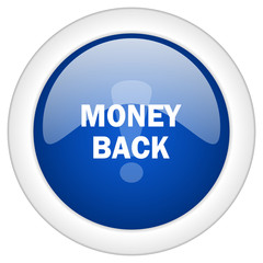 money back icon, circle blue glossy internet button, web and mobile app illustration