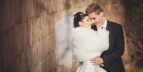 Wedding shot of bride and groom in park. Tone image.