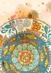 Vector template poster with watercolor paint and ethnic sea mandala. Pattern with decorative ornament, doodle fishes, waves, wind and ships. Abstract aquarelle background for flyers, posters or menu.