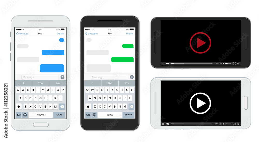 Poster vector modern smartphones set isolated on white background. text message and video player.