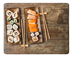 Traditional japanese food. Sushi rolls, maki, nigiri Seafood