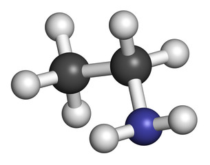Ethylamine organic base molecule. 3D rendering. 