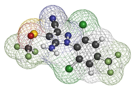 Fipronil insecticide molecule. 3D rendering. Atoms are represented as spheres.