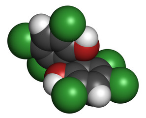 Hexachlorophene disinfectant molecule. 3D rendering. 