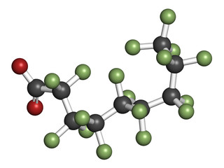 Perfluorononanoic acid (PFNA, perfluorononanoate) surfactant molecule. 