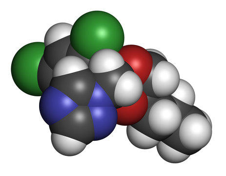 Propiconazole antifungal molecule (triazole class). 3D rendering.