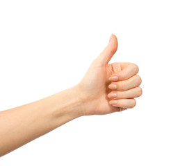 Beautiful woman hand thumb up with manucure nails