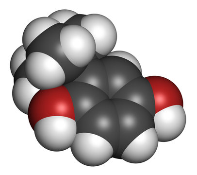 TBHQ (tert-Butylhydroquinone) antioxidant preservative molecule.