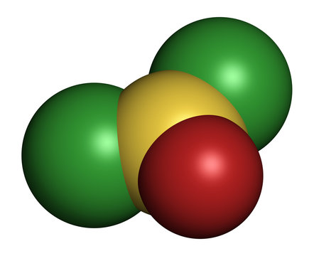 Thionyl chloride (SOCl2) chemical reagent molecule. 3D rendering
