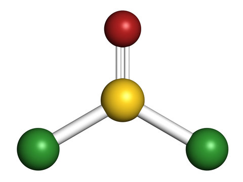 Thionyl chloride (SOCl2) chemical reagent molecule. 3D rendering